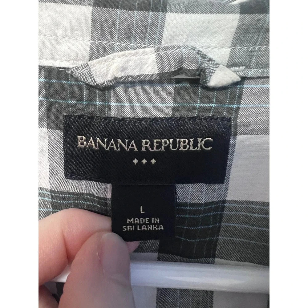 Banana Republic Mens Large Black‎ White Plaid Short Sleeve
